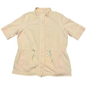 Lafayette 148 pink button up short sleeve jacket with gathered waist